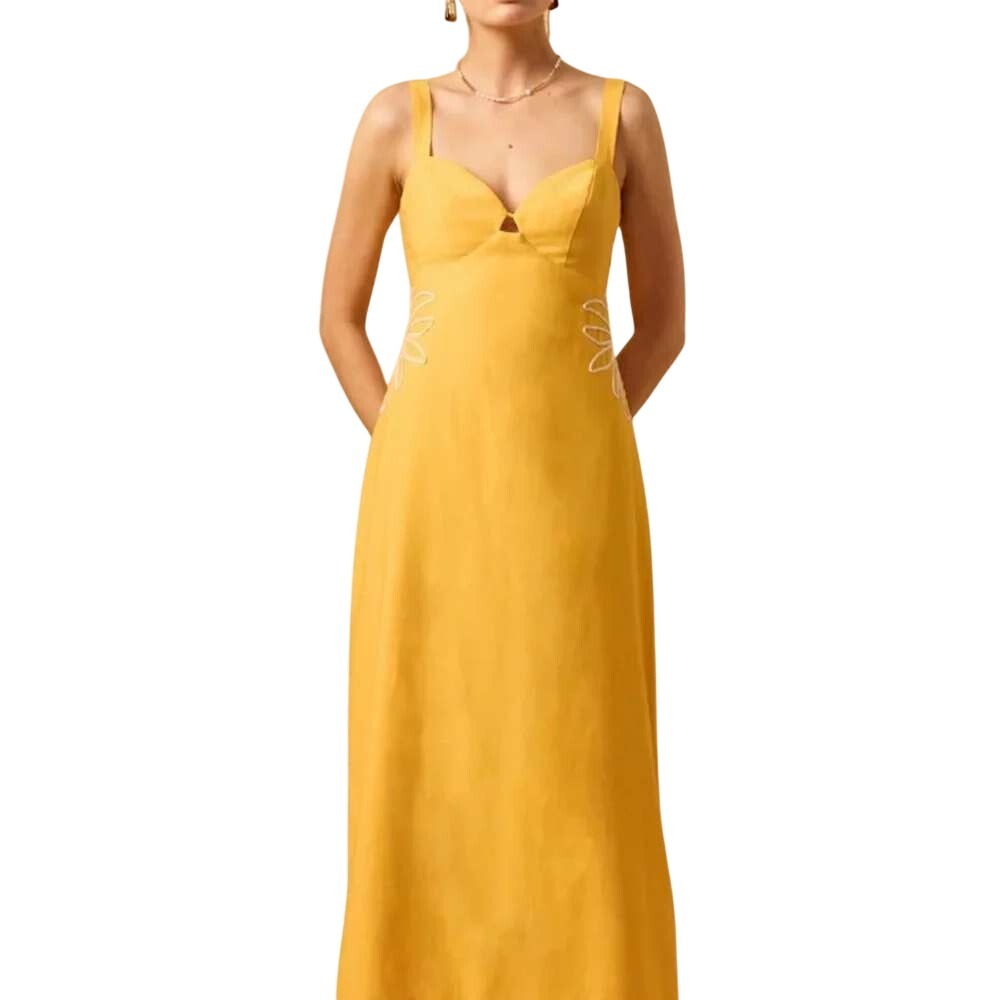 Mon Renn Scenic Palm Yellow Embroidered Sweetheart Maxi Dress Australian Size‎ M